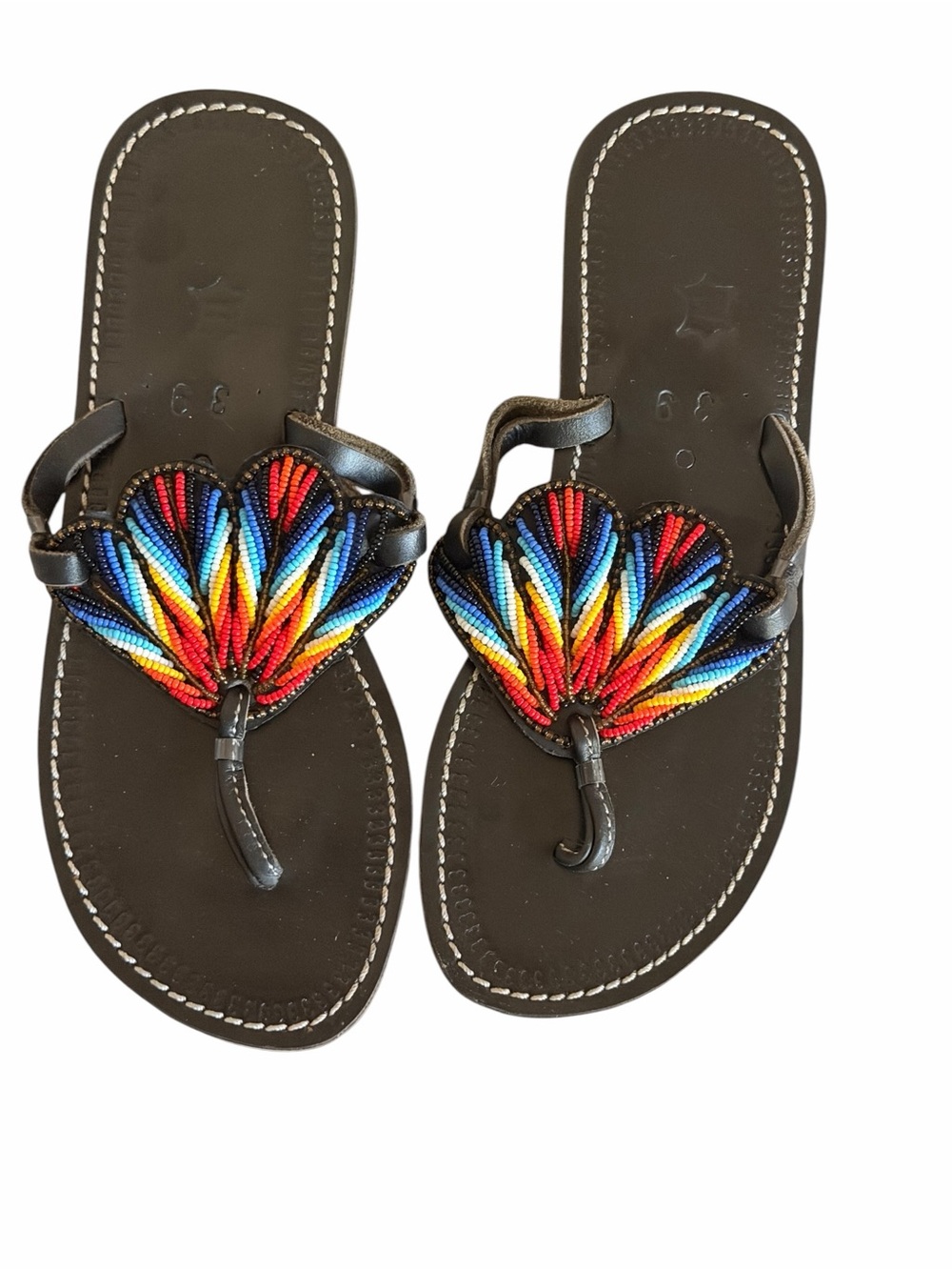 Women’s Kenyan Handmade Multicolor Beaded Black Leather Thong Sandals